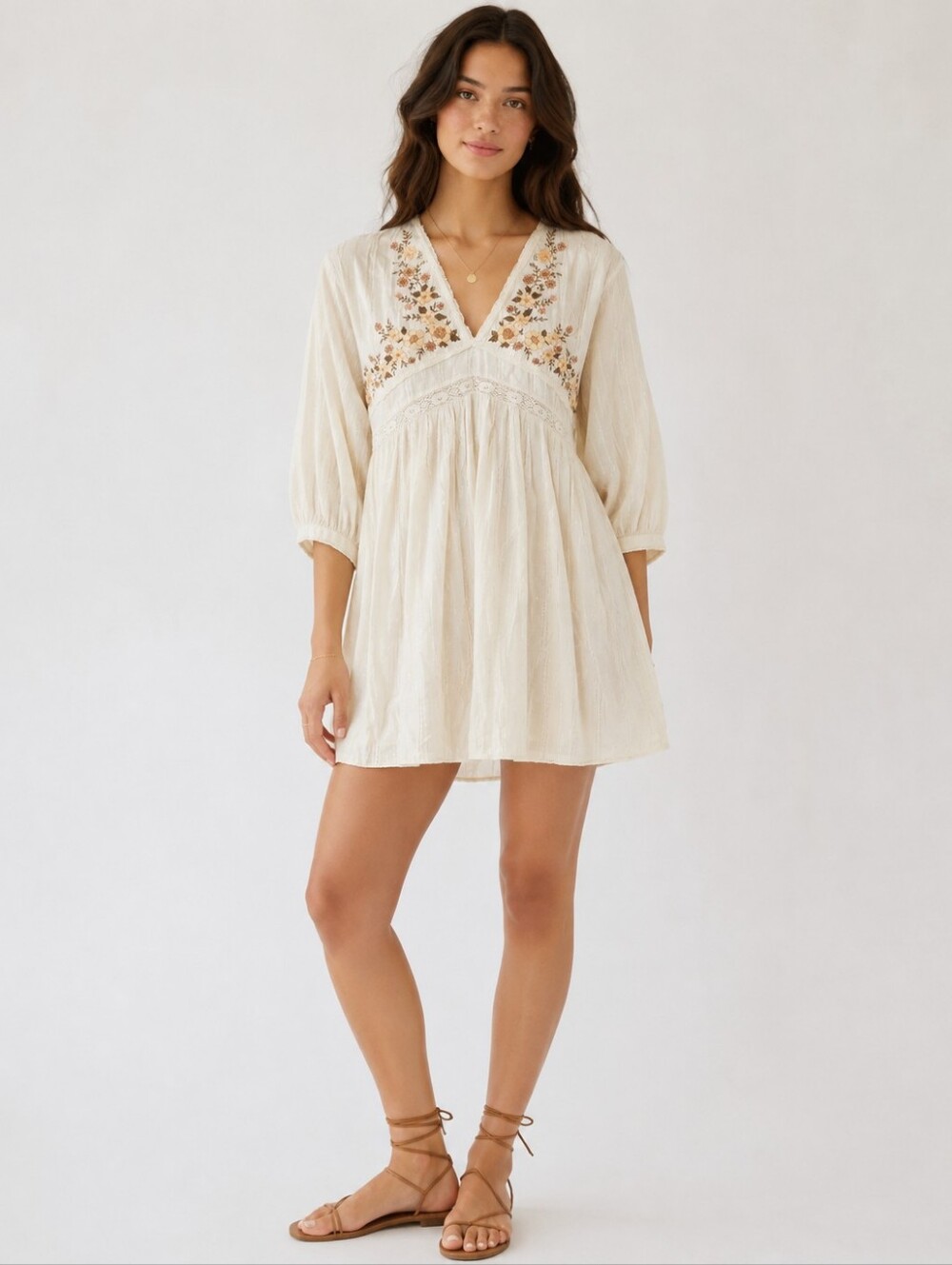 Zara Women’s Size L Cream Embroidered Boho Mini Dress 3/4 Sleeve